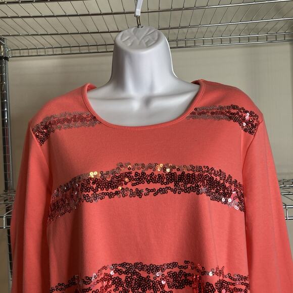 Quacker Factory Women's Coral Sequin Striped Tunic Top Size 1X Maximalist Glam - Picture 7 of 11